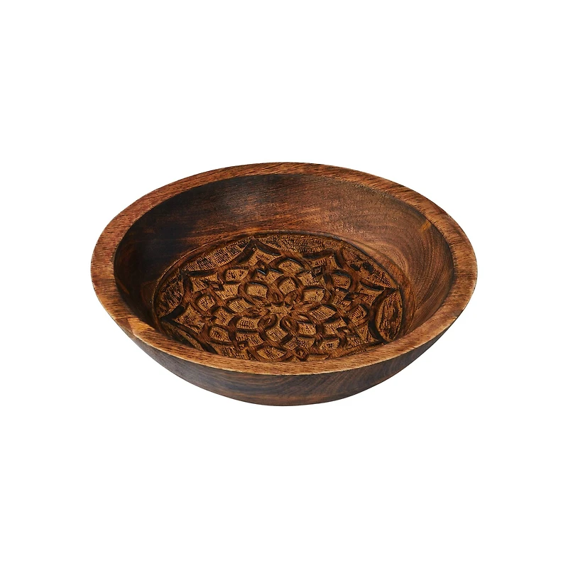 Hello Honey® 11.5" Natural Boho Carved Wood Bowl with Floral Designs