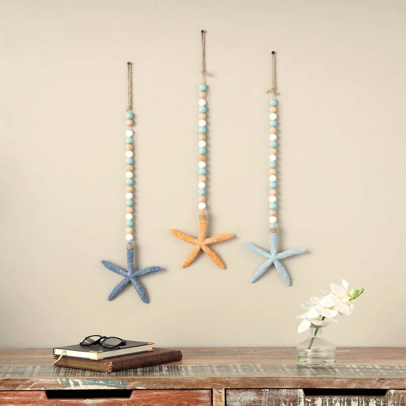 Blue Wood Starfish Handmade Dimensional Wall Décor with Beaded Hanging Rope, Set 3