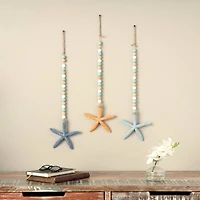 Blue Wood Starfish Handmade Dimensional Wall Décor with Beaded Hanging Rope, Set 3