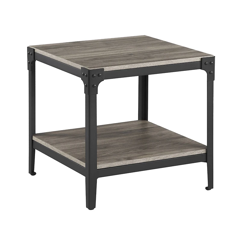 Walker Edison Slate Gray Angle Iron Rustic Wood Side Table Set