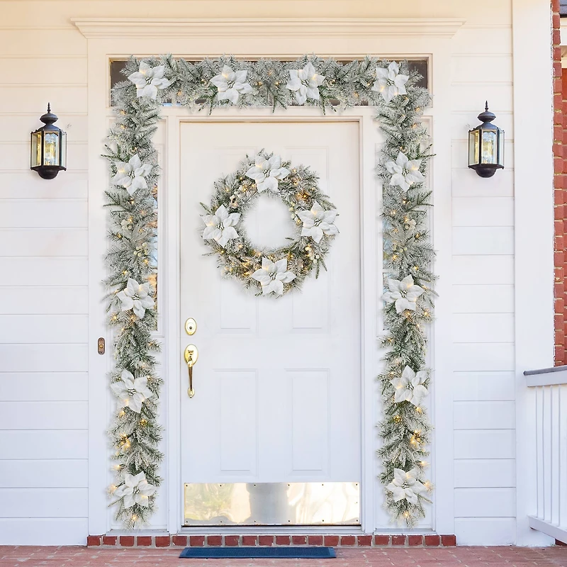 Glitzhome® 24" Pre-Lit Snow Flocked Greenery Pine Poinsettia Christmas Wreath & Matched 2 Pack 9ft. Garland Set