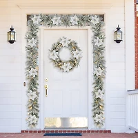 Glitzhome® 24" Pre-Lit Snow Flocked Greenery Pine Poinsettia Christmas Wreath & Matched 2 Pack 9ft. Garland Set
