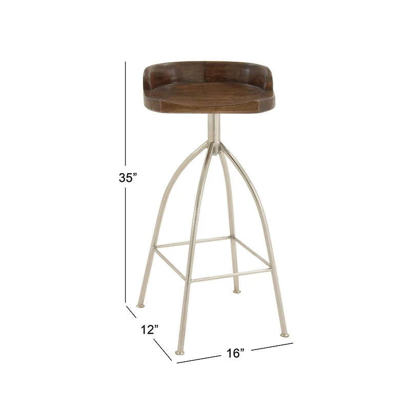 Brown Iron and Wood Contemporary Bar Stool, 33" x 16" x 12"
