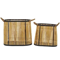 The Novogratz Brown Wicker Handmade Slatted Frame Storage Basket with Handles Set of 2 19", 14"