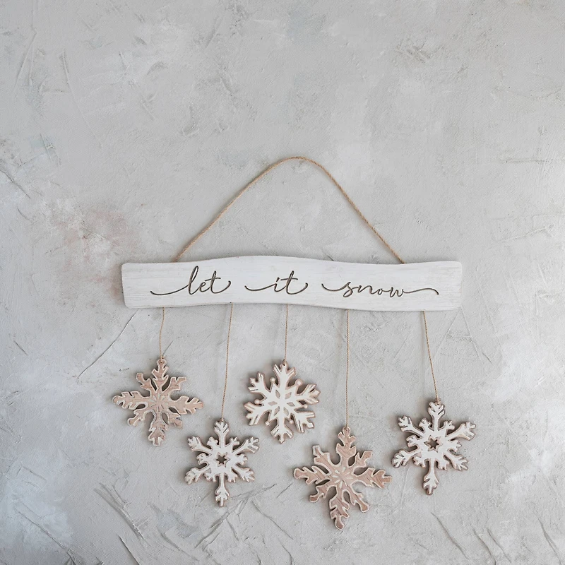Hello Honey® 25.5" White & Brown Let It Snow Fir Wood Snowflake Wall Hanging