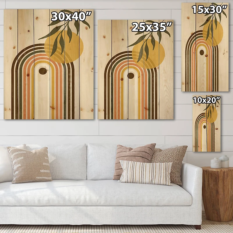 Designart - Abstract Yellow Sun With Retro Rainbow - Modern Print on Natural Pine Wood