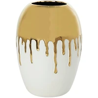 CosmoLiving by Cosmopolitan 13" White Ceramic Vase with Abstract Gold Melting Drips