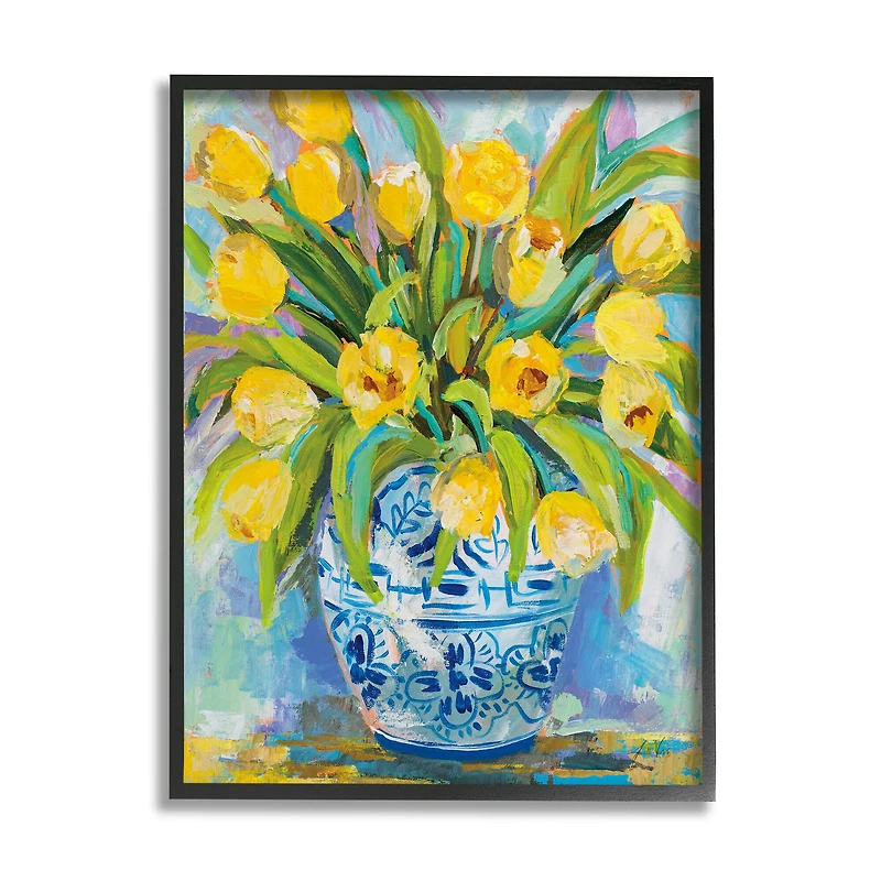 Stupell Industries Expressive Yellow Tulips in Ornate Blue Vase Painting Framed Wall Art