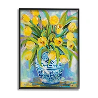 Stupell Industries Expressive Yellow Tulips in Ornate Blue Vase Painting Framed Wall Art