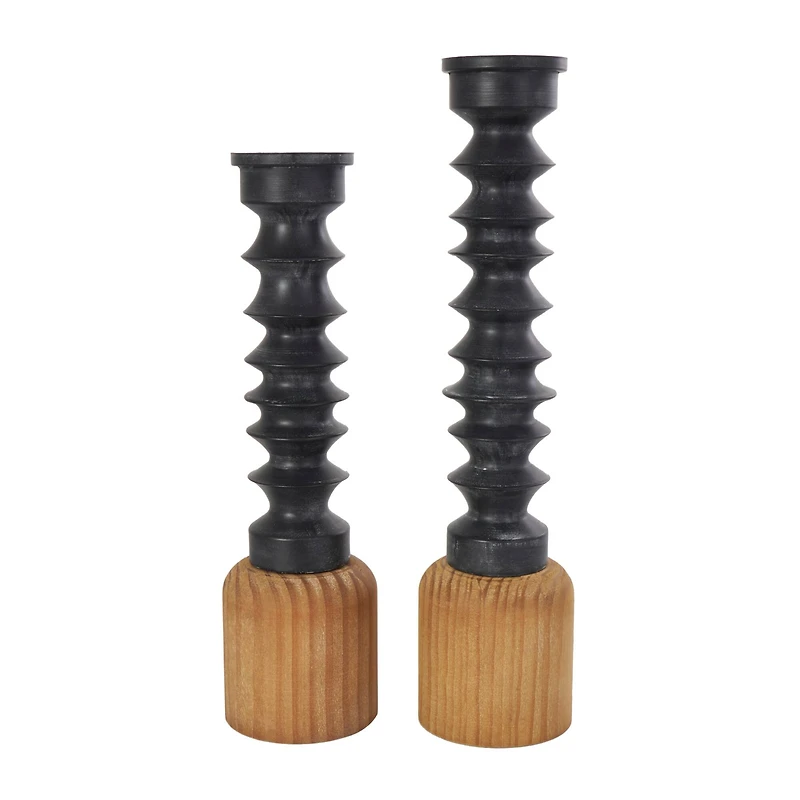 Black Metal Turned Style Pillar Candle Holder with Brown Wood Bases Set