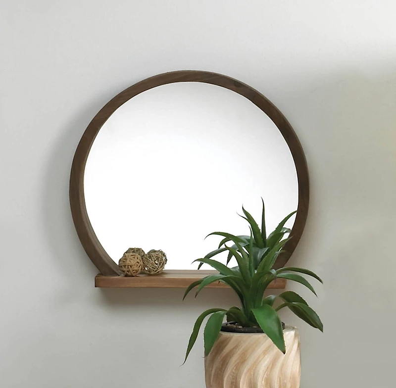 Round Wooden Mirror with Shelf