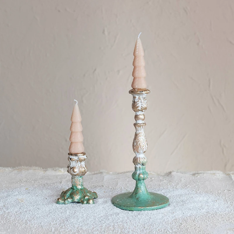 Hello Honey® 9.25" Green, Gold and Cream Distressed Cast Metal Taper Candleholder