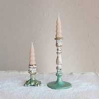 Hello Honey® 9.25" Green, Gold and Cream Distressed Cast Metal Taper Candleholder