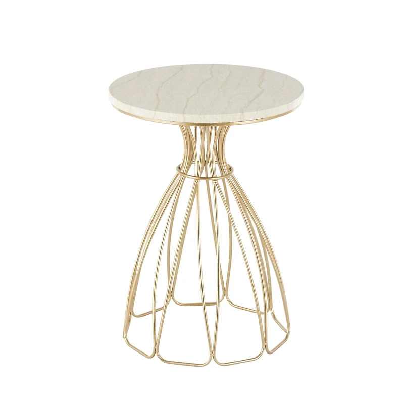 21.5" Gold Metal Flower Inspired Accent Table with Cream Marble Tabletop