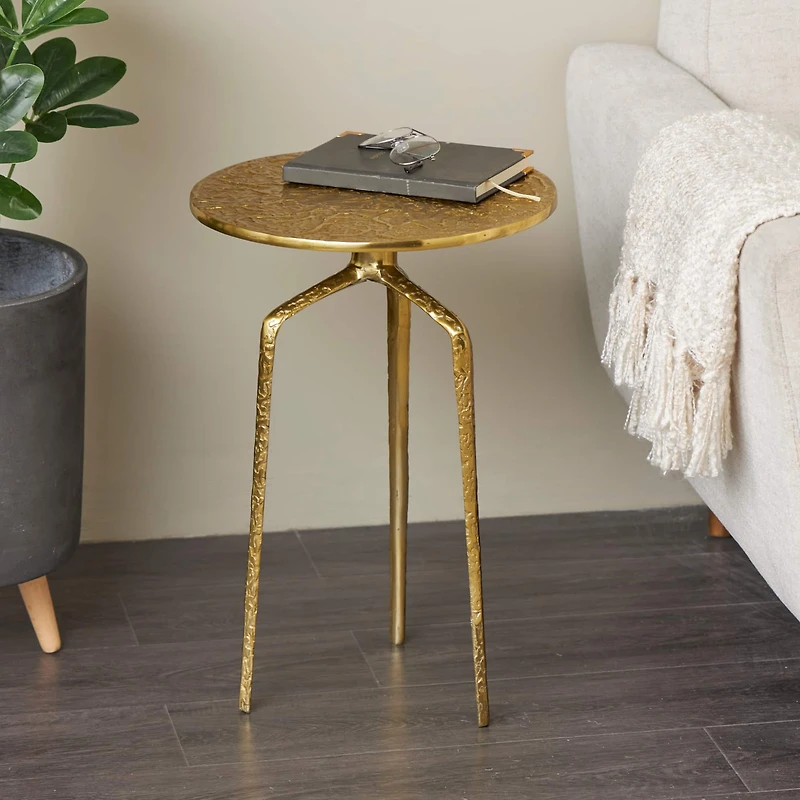 Gold Aluminum Geometric Slim Textured Accent Table