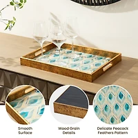 Glitzhome® Rectangle Peacock Feathers Patterned Decorative Trays Set
