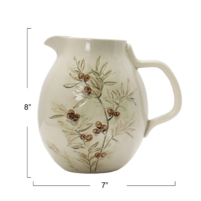 Hello Honey® 3qt. Cream & Green Olive Branch Design Debossed Stoneware Pitcher