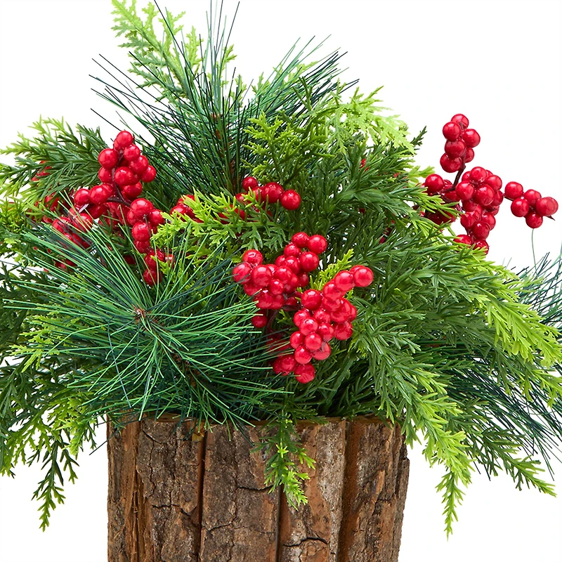 11" Christmas Classic Cypress & Berry Centerpiece in Wood Slice Planter