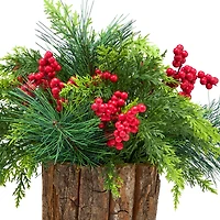 11" Christmas Classic Cypress & Berry Centerpiece in Wood Slice Planter