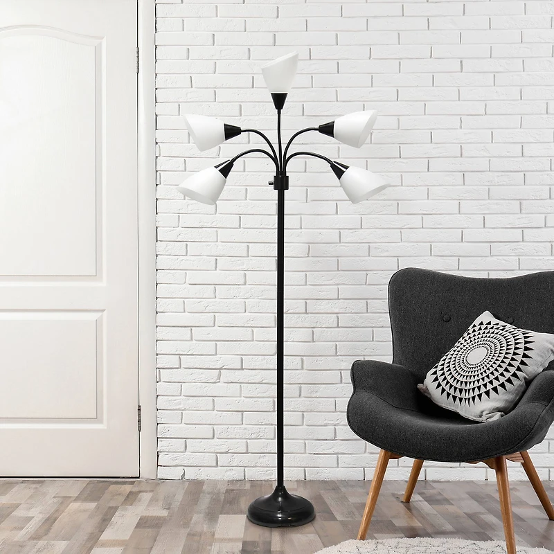 Simple Designs™ 5.5ft. 5-Light Gooseneck Black Floor Lamp with White Shades