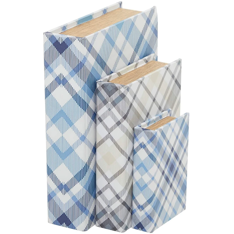 Blue Plaid Canvas Faux Book Box Set