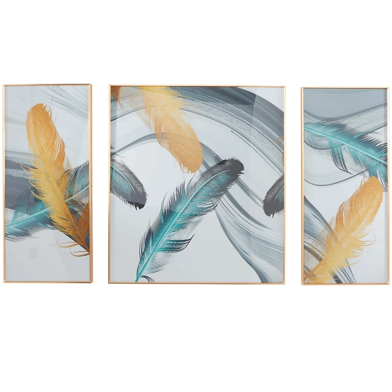 CosmoLiving by Cosmopolitan Blue Porcelain Feathers Bird Framed Wall Art with Gold Aluminum Frame Set of 3 32", 16", 16"