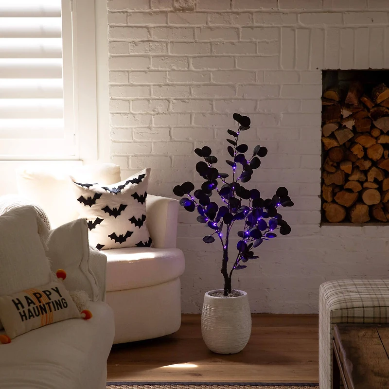 3ft. Pre-Lit Artificial Halloween Black Eucalyptus Tree with 80 Orange & Purple LED Lights