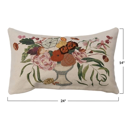 Hello Honey® Multicolor Cotton Lumbar Pillow with Embroidery and Flowers in Vase