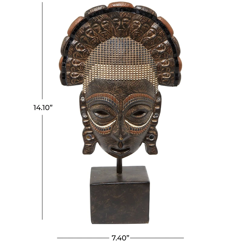 14" Brown Primitive African Mask Sculpture