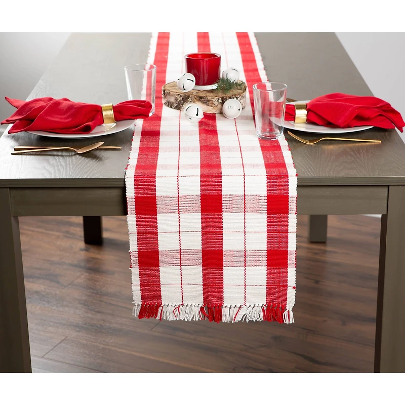 DII® 72" Red Tinsel Plaid Fringed Table Runner