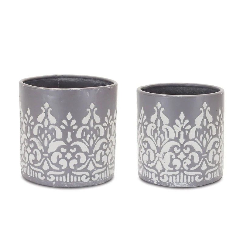 Gray Ornate Metal Planter Set