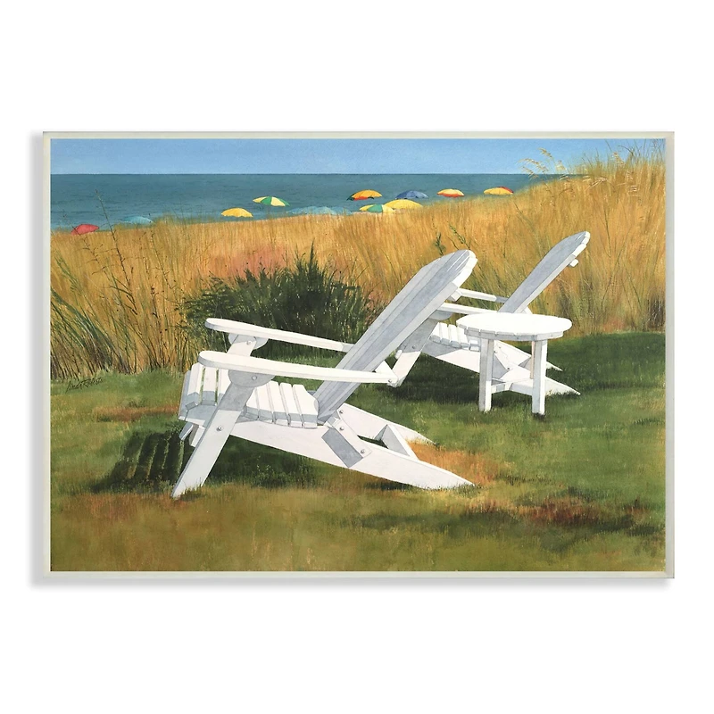 Stupell Industries White Adirondack Chairs by Beach Wooden Wall Plaque