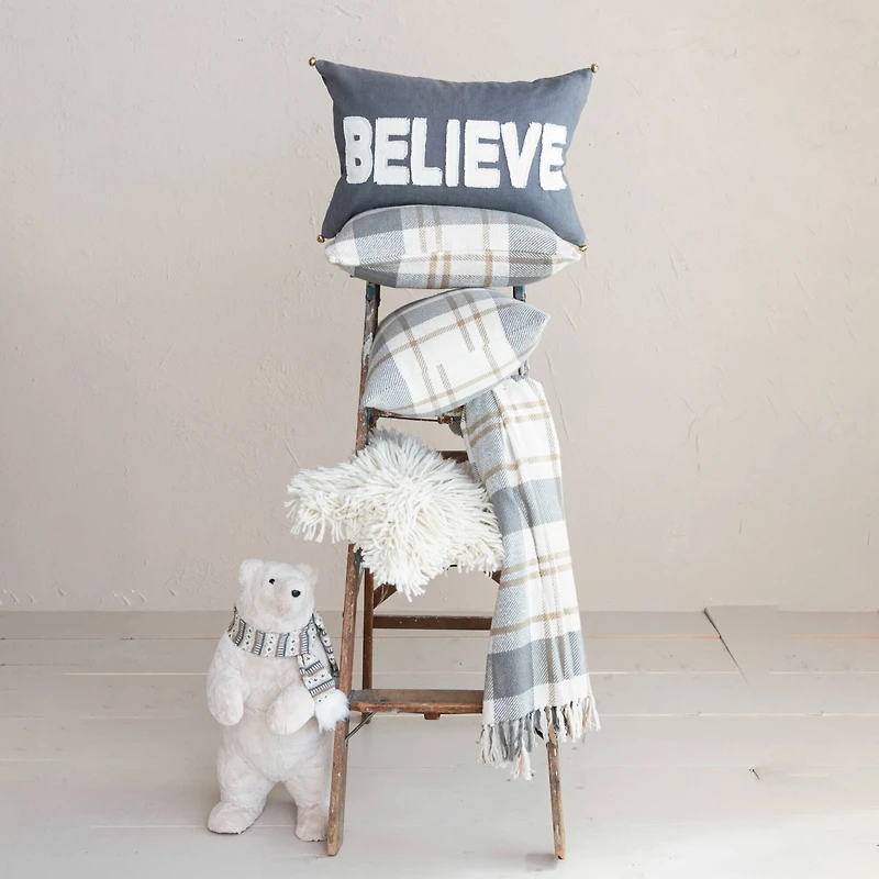 Hello Honey® Gray, Gold & White Plaid Brushed Cotton Flannel Throw with Fringe