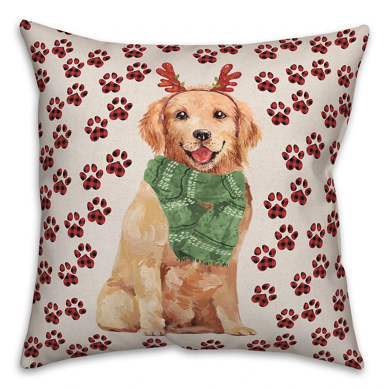 Golden Puppy Plaid Throw Pillow