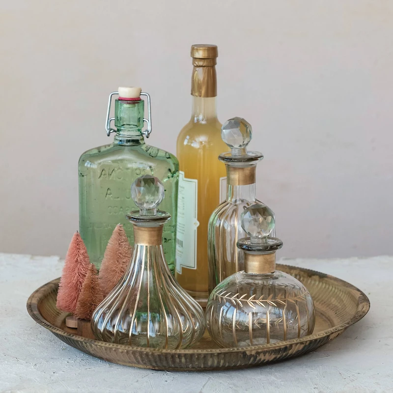 Hello Honey® 12oz. Clear & Gold Stripes Hand Painted Blown Glass Fluted Mini Decanter