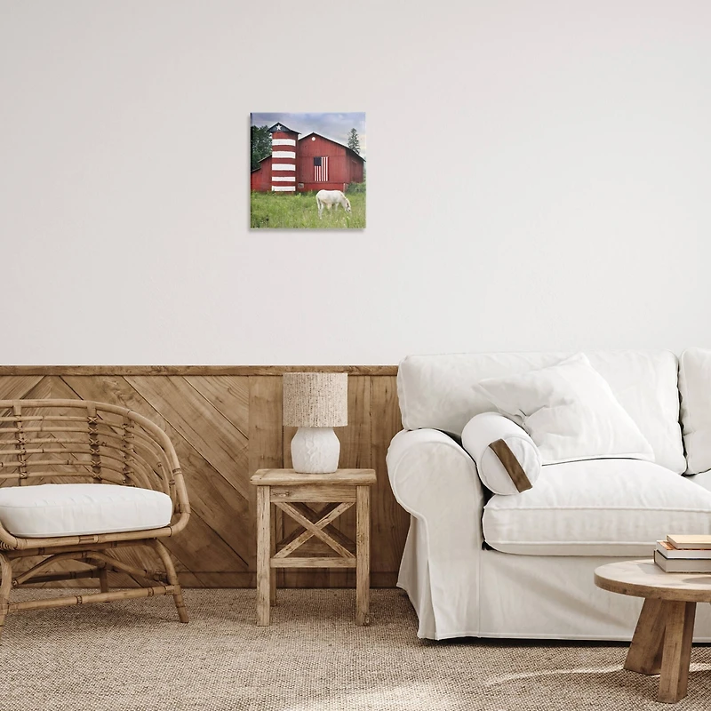 Stupell Industries Grazing White Horse Red Americana Barn Flag Canvas Wall Art