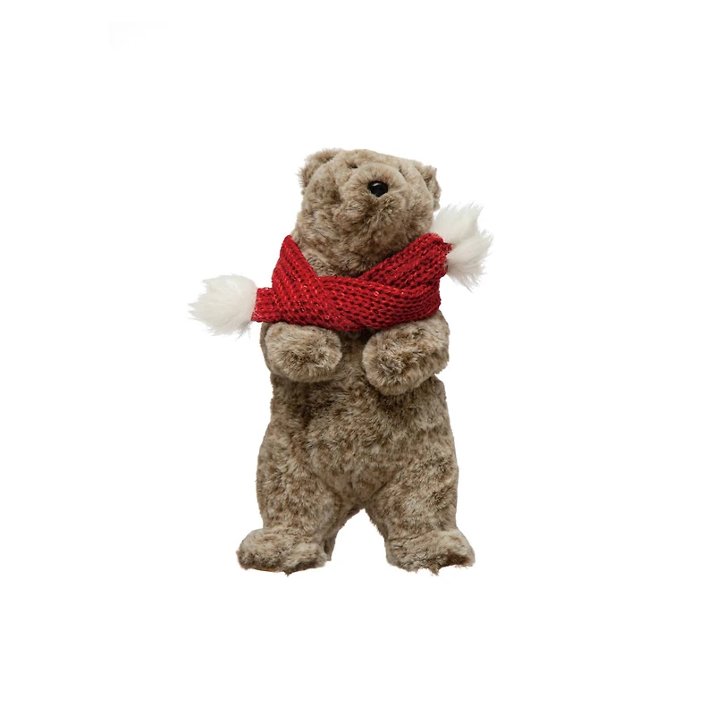 Hello Honey® 11" Gray, White & Red Faux Fur Standing Bear with Scarf
