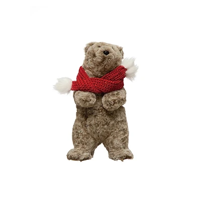 Hello Honey® 11" Gray, White & Red Faux Fur Standing Bear with Scarf