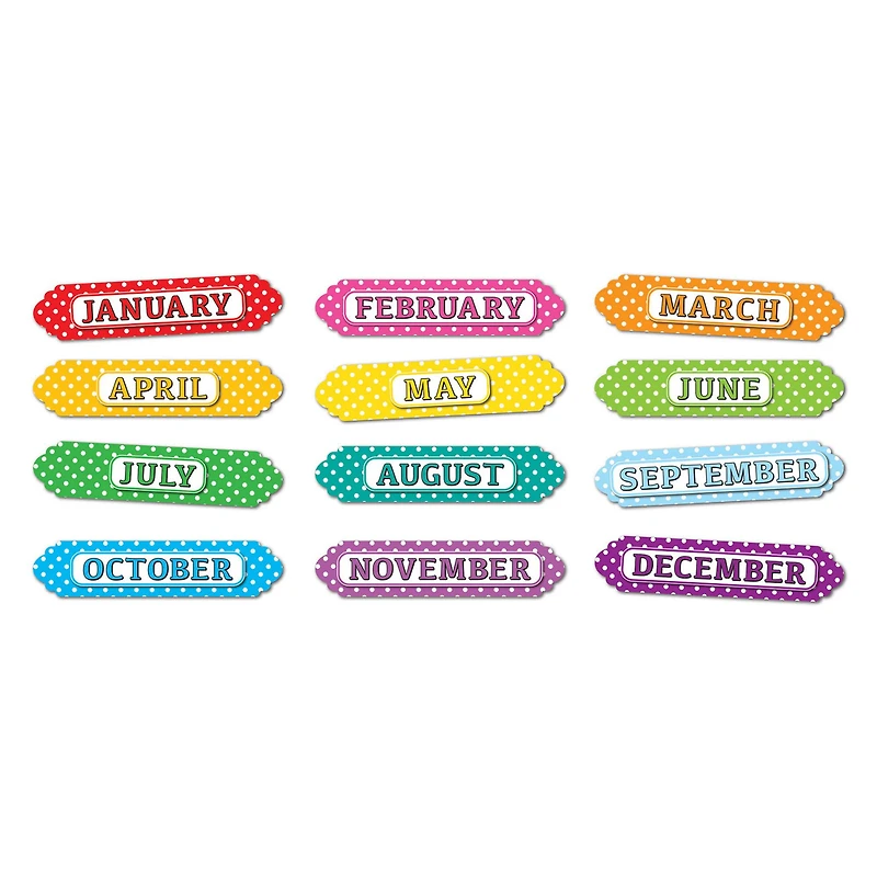 Ashley Productions Months of the Year White Polka Dots Magnetic Die-Cut Timesavers & Labels, 3 Packs of 12