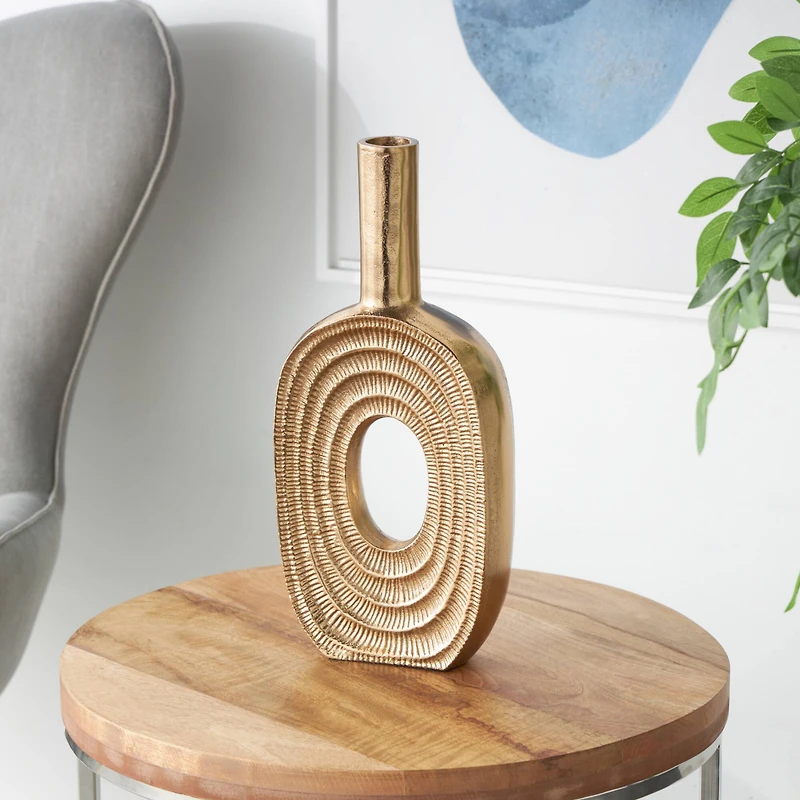 16" Gold Aluminum Metal Geometric Circular Vase with Linear Etchings