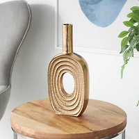 16" Gold Aluminum Metal Geometric Circular Vase with Linear Etchings