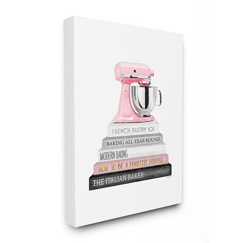 Stupell Industries Grey Pink and Black Fashion Bookstack with Pink Mixer Canvas Wall Art