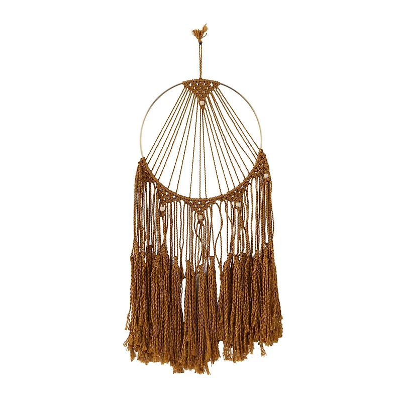 Brown Fabric Handmade Intricately Weaved Macrame Wall Decor with Beaded Fringe Tassels 12" x 0" x 32"