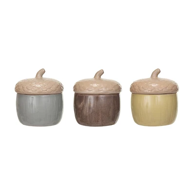 Hello Honey 4.5" Large Multicolor Reactive Glaze Stoneware Acorn Shaped Jars with Lid, 3ct.