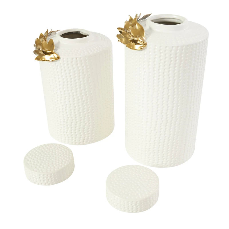 White Ceramic Decorative Jar Set with Abstract Spotted Pattern & Gold Leaf Accents
