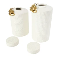 White Ceramic Decorative Jar Set with Abstract Spotted Pattern & Gold Leaf Accents