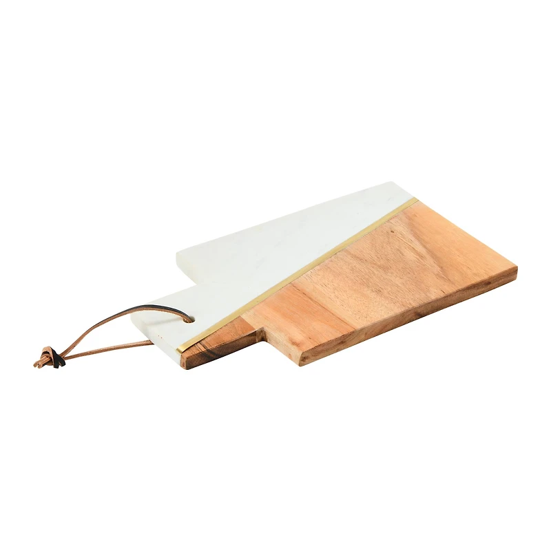 Hello Honey® 12" White and Natural Boho 2-Tone Marble and Acacia Wood Charcuterie or Cutting Board with Brass Inlay and Leather Tie