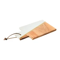 Hello Honey® 12" White and Natural Boho 2-Tone Marble and Acacia Wood Charcuterie or Cutting Board with Brass Inlay and Leather Tie