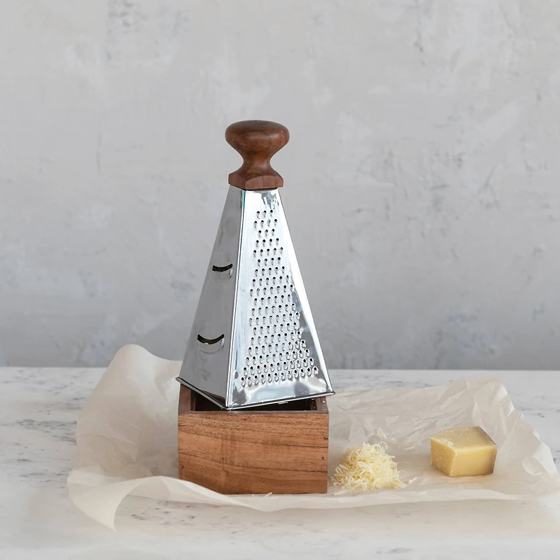 Hello Honey® 7" Handheld Stainless Steel Grater with Acacia Wood Handle & Square Base