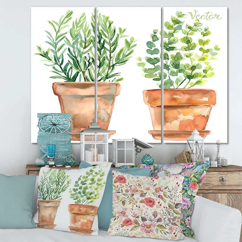 Designart - Two Green House Plants In Orange Flower Pots
